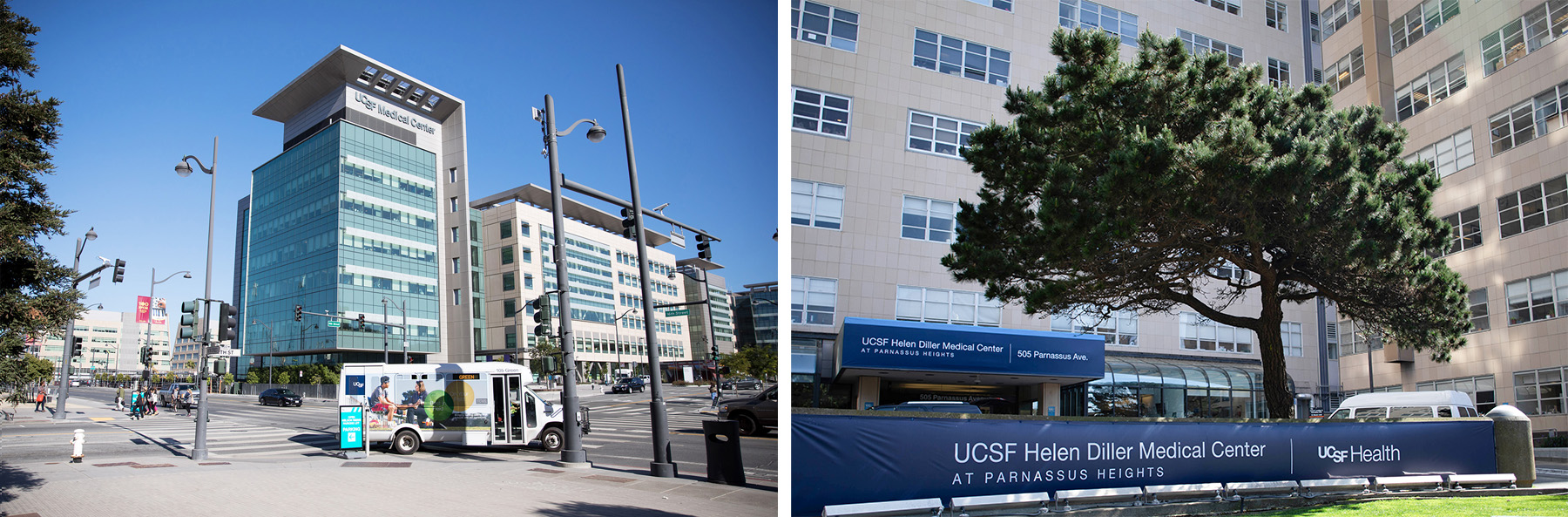 Two landscape shots of the Mission Bay and Parnassus Heights Hospitals.