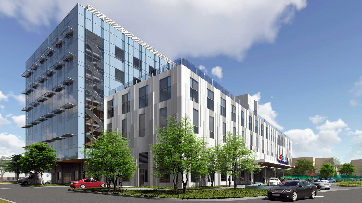 A rendered image of the new hospital building at UCSF Benioff Children's Hospital Oakland. The building is a rectangular, glassy building with seven stories.