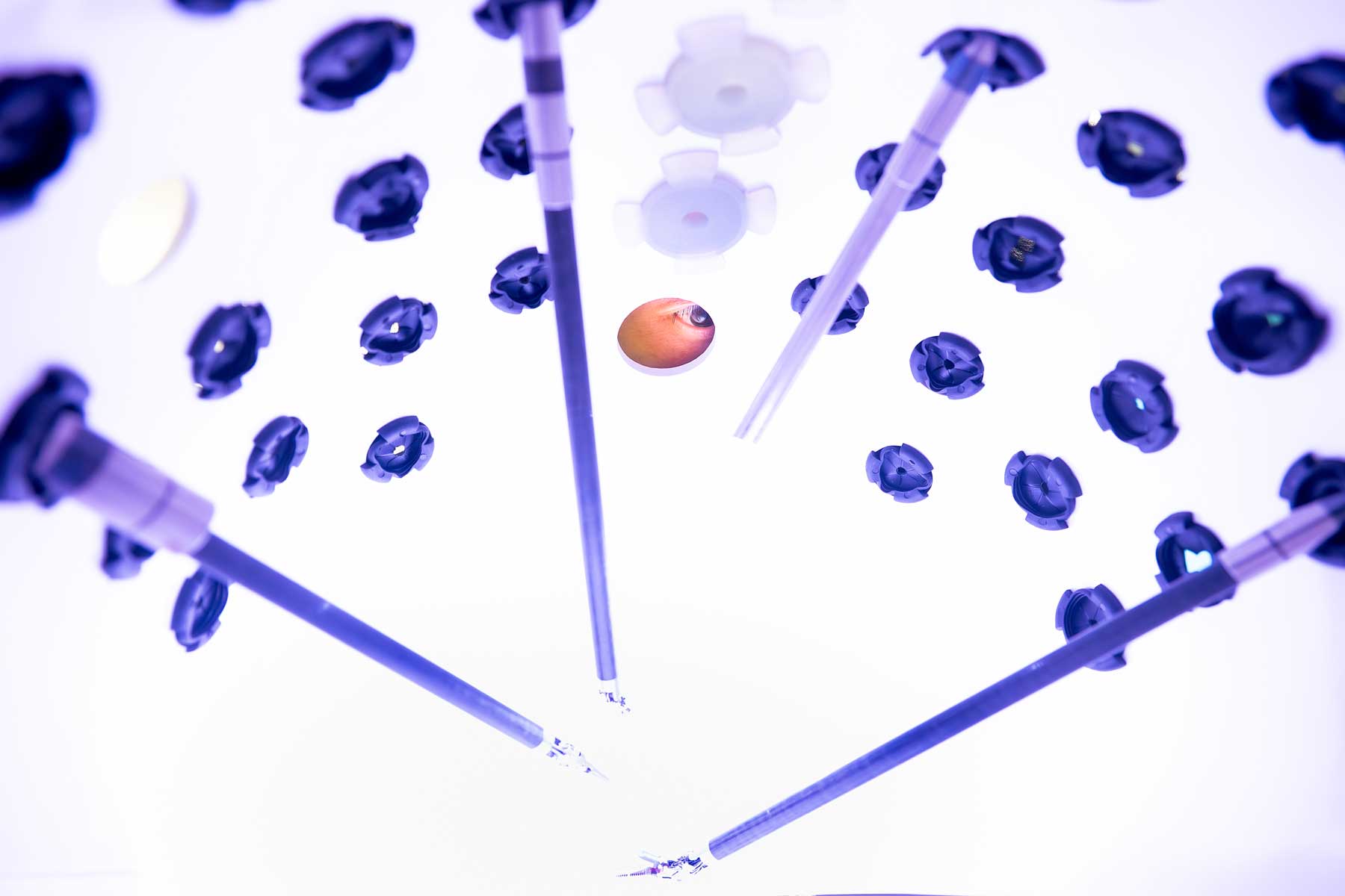 Dr. Hueylan Chern looks through a surgical training dome, where four robotic instruments approaching an object. There are many small blue and white circular targets scattered around the white surface.