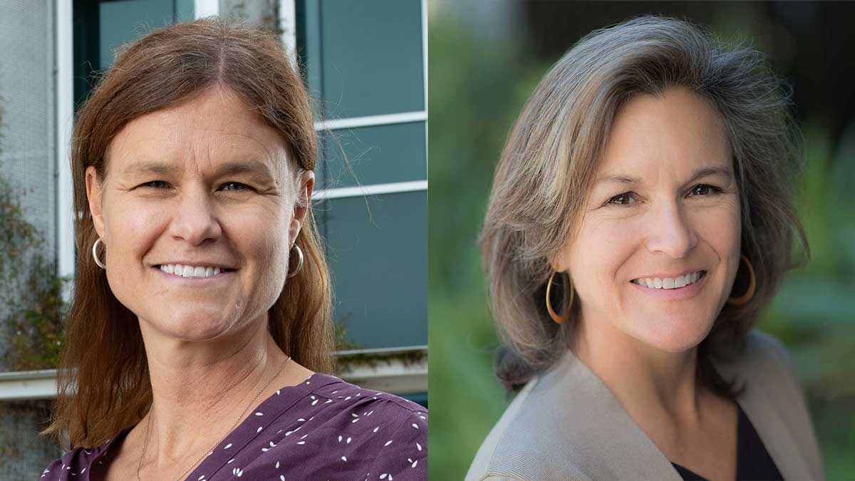 A side-by-side photo of Christine Dehlendorf and Tracey Woodruff.