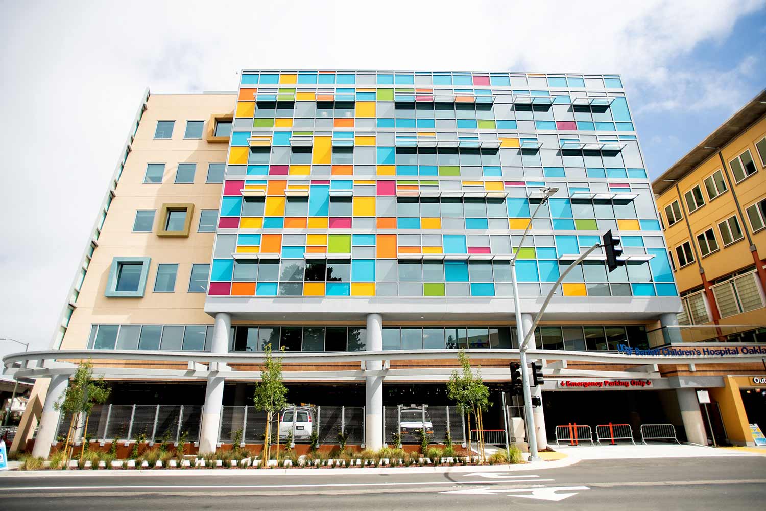 A colorful glass facade at U C S F Benioff Children's Hospital Oakland.