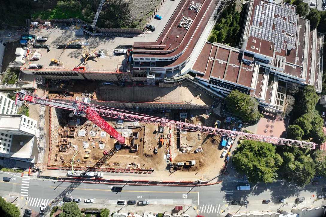 A bird's eye view of cranes and construction at the Parnassus Heights campus.
