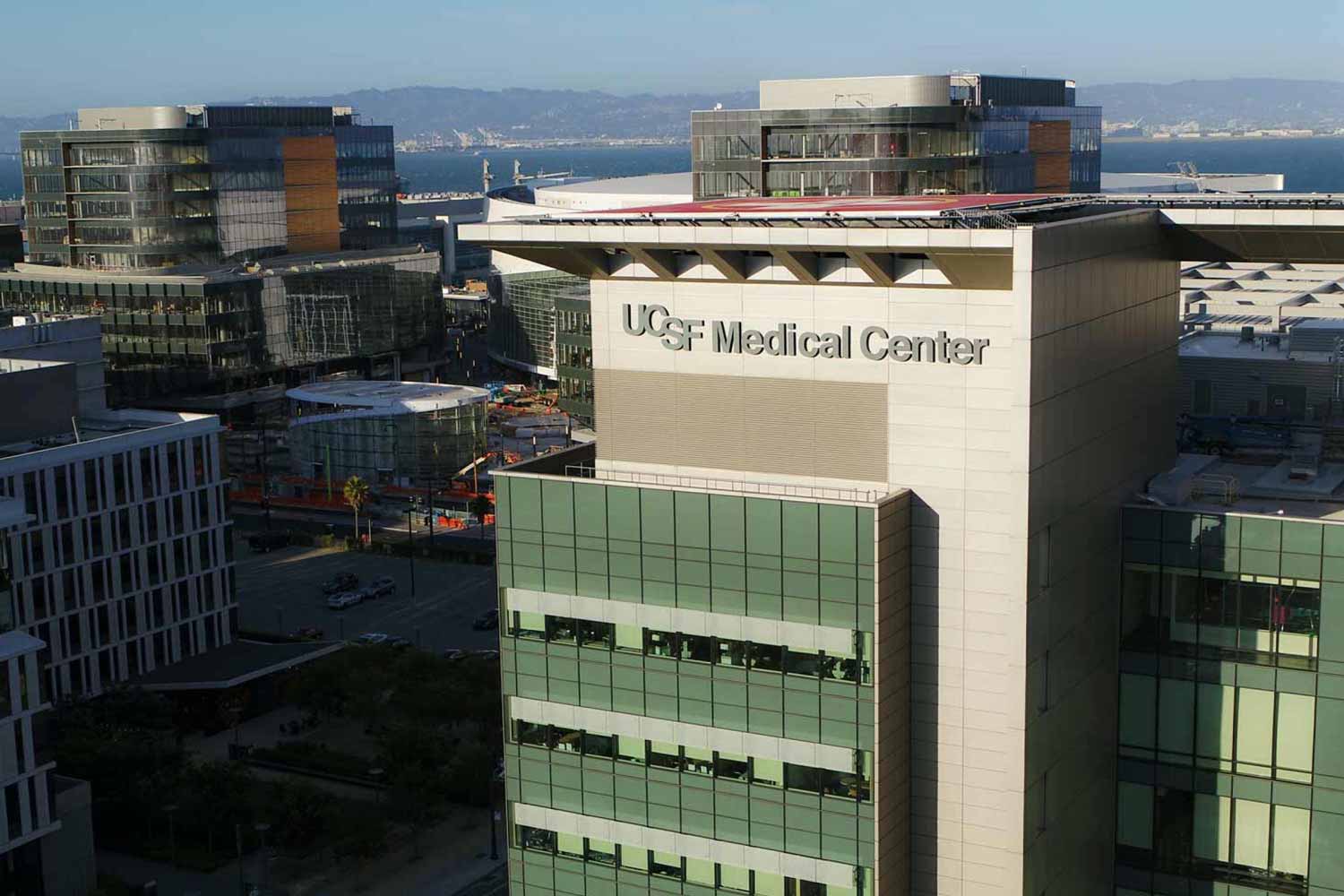An aerial shot of the U C S F Medical Center at Mission Bay.