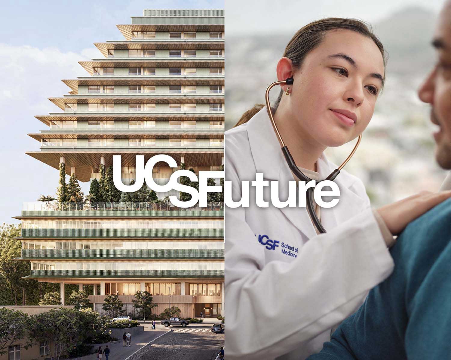 A composite image of a rendering of the new U C S F Helen Diller Hospital, and a doctor examining a patient.
