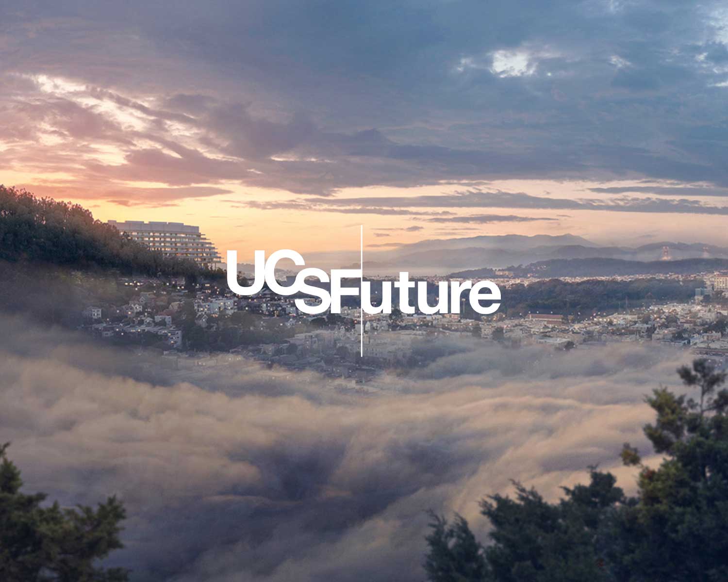 UCSFuture logo on rendering of the U C S F Parnassus Heights hospital enveloped by fog and clouds.