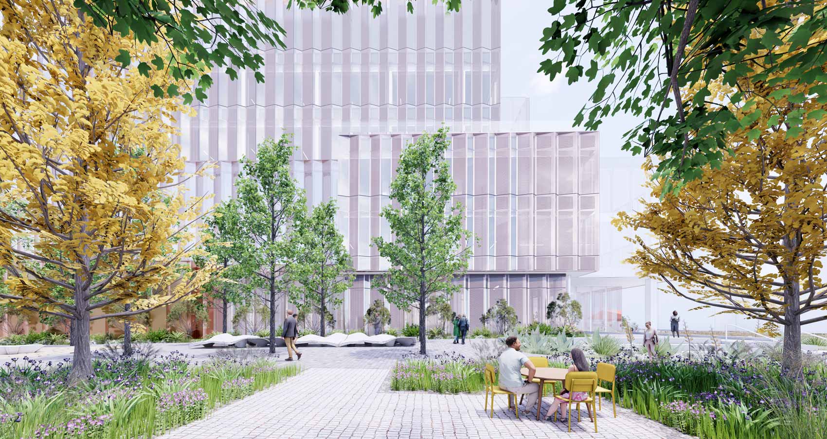 Rendering of a landscaped plaza with trees, planting beds, and outdoor seating, set in front of a the new U C S F Bakar Ear and Hearing Institute, with people walking and sitting.