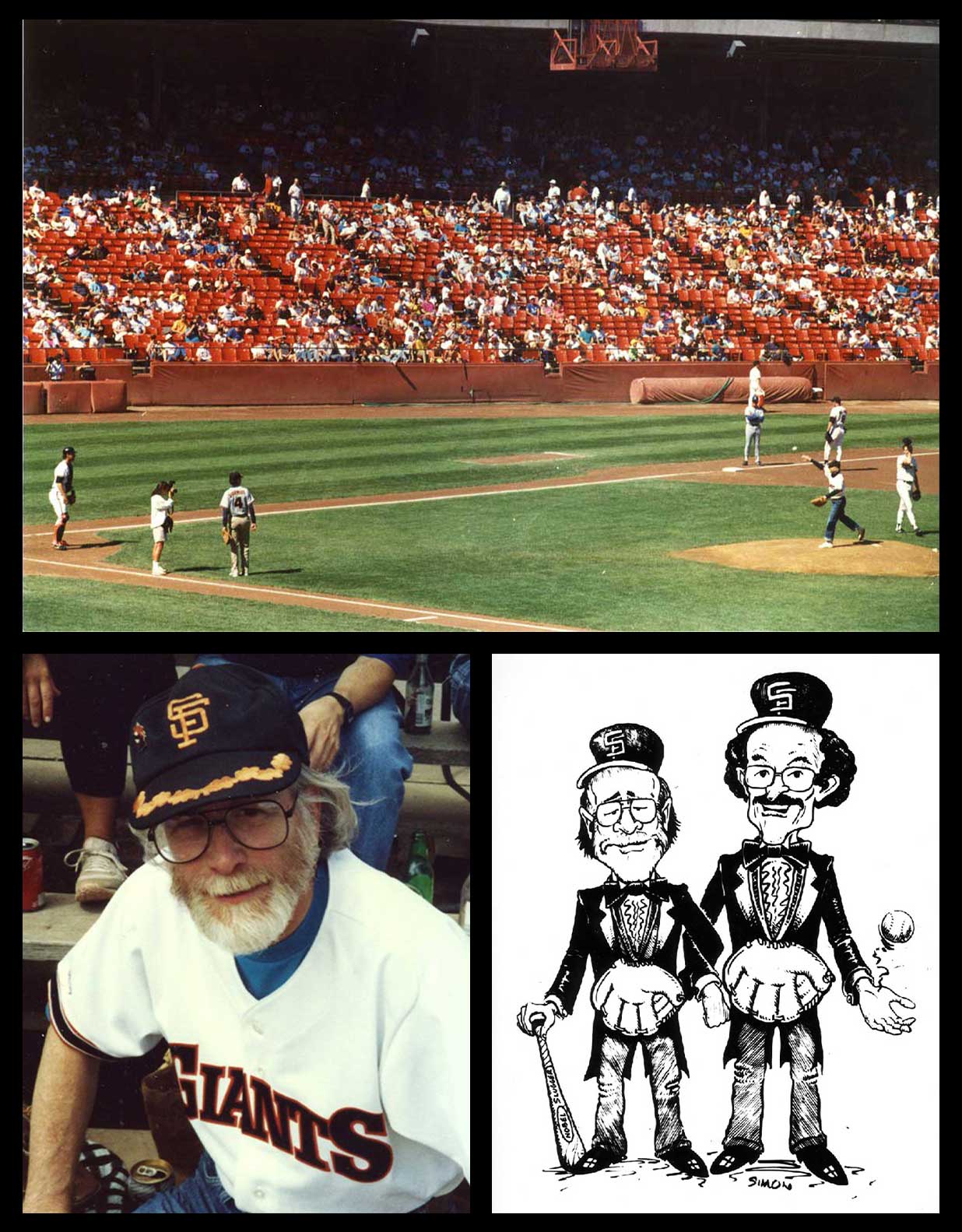 A collage of three photos showing J. Michael Bishop wearing a San Franicsco Giants hat and shirt; Bishop throwing a first pitch; and a cartoon of Bishop and Harold Varmus wearing tuxedos and baseball caps.