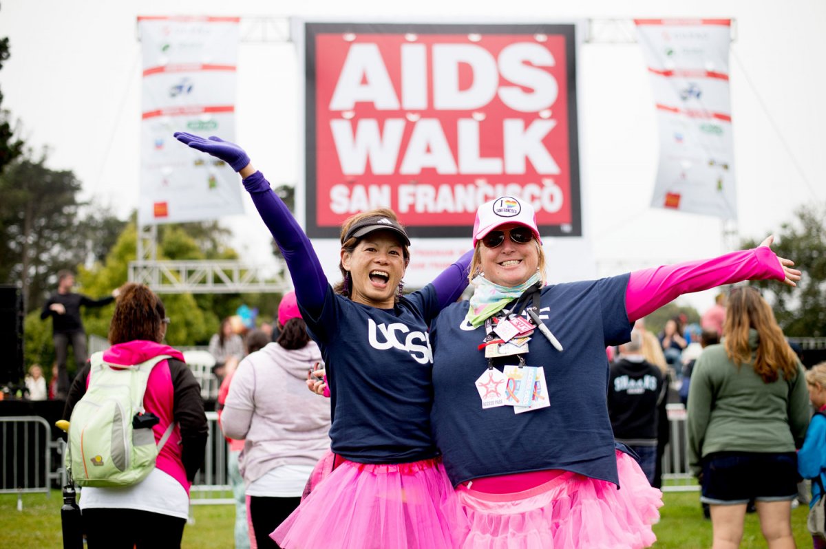 Brenda Gee, of the Office of the Executive Vice Chancellor and Provost, and Jennifer Dowd, of Campus Life Services, added some extra color to the foggy San Francisco morning at AIDS Walk 2016.