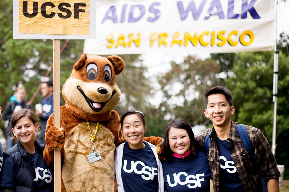 UCSF's official mascot, U.C. Bear, came out to enjoy the morning festivities at AIDS Walk.