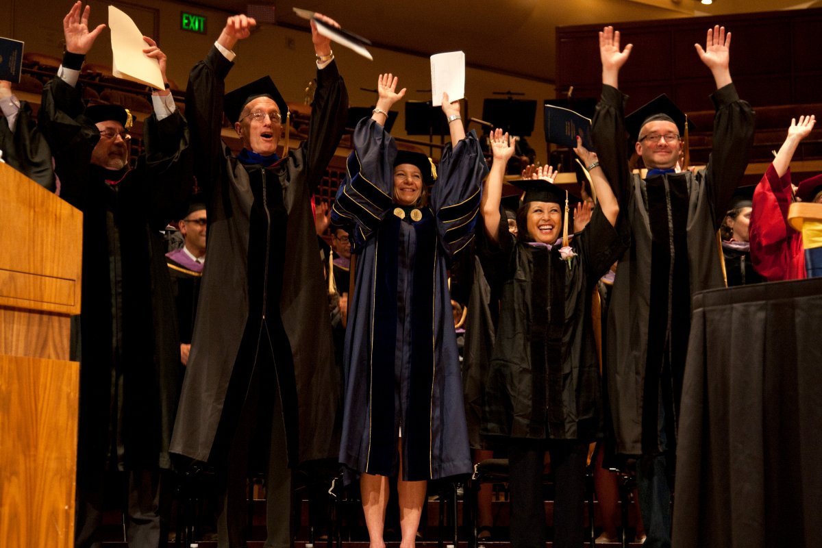 UCSF Chancellor Susan Desmond-Hellmann, MD, MPH, was among those to participate in a wave during the School of Dentistry's commencement ceremony.