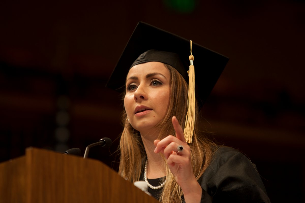Dental student Maria Ajlouny delivers the student address at the School of Dentistry's commencement.