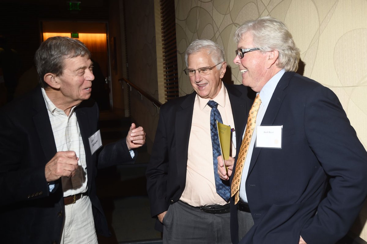 Samuel Barondes (left), MD, director of UCSF’s Center for Neurobiology and Psychiatry, chats with Bruce Alberts (center), PhD, co-founder of the UCSF Science & Health Education Partnership, and Herbert Boyer, PhD, co-founder of Genentech.