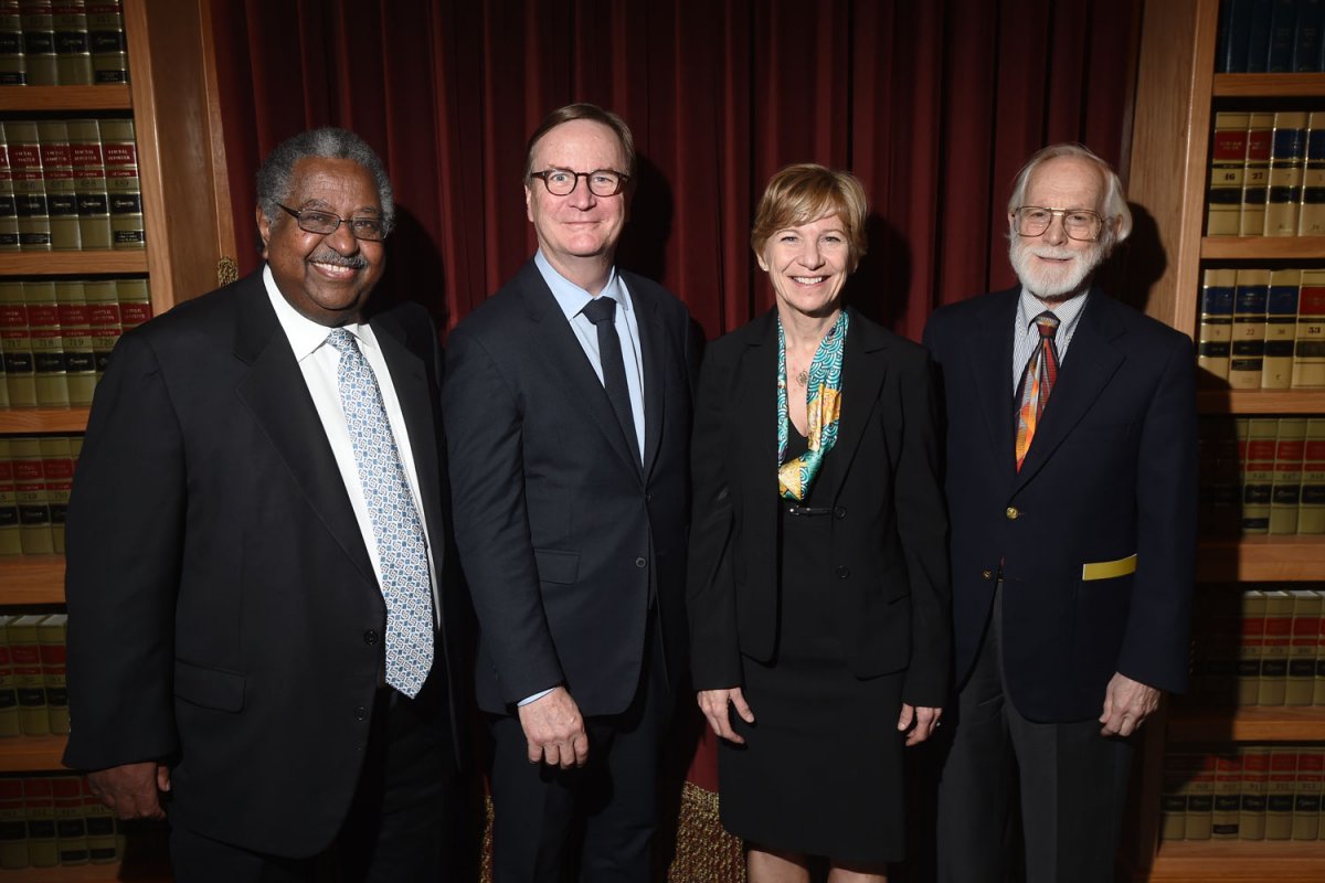 The past four UCSF chancellors gather for a rare photo opportunity together. From left to right: Haile Debas, MD (1997-1998); Sam Hawgood, MBBS (2014-present); Susan Desmond-Hellmann, MD, MPH (2009-2014); and J. Michael Bishop, MD (1998-2009).