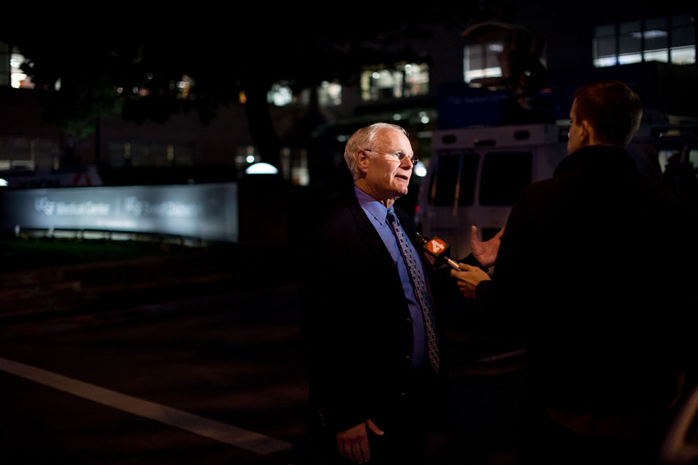 UCSF Medical Center CEO Mark Laret speaks to a reporter.