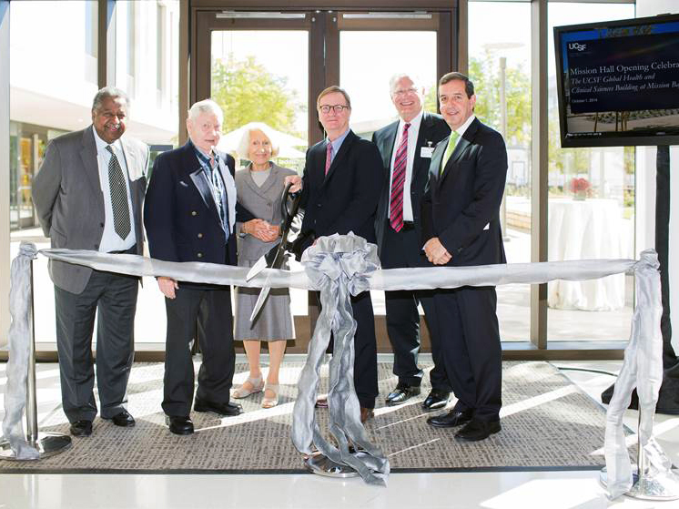 Philanthropist Chuck Feeney and his wife joined campus leaders for an Oct. 1 ribbon-cutting ceremony at Mission Hall, the new home of UCSF Global Health Sciences and clinical faculty offices. From left to right: Haile Debas, Chuck Feeney, Helga Feeney, Sam Hawgood, Mark Laret and Jaime Sepulveda.