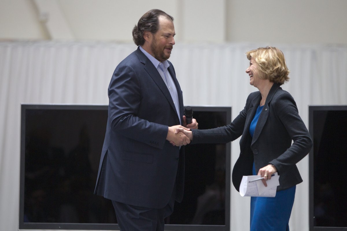 Marc Benioff, CEO of Salesforce.com, joins Chancellor Susan Desmond-Hellmann for the quick-pitch session at the precision medicine summit.