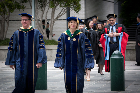 Dean Sam Hawgood and Chancellor Susan Desmond-Hellmann walk slightly ahead of Vice Chancellor Joseph Castro as they headed into the commencement ceremony.