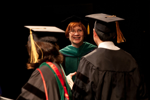 Catherine Lucey, vice dean for education in the School of Medicine, takes part in her first commencement ceremony since taking that post on Sept. 1.