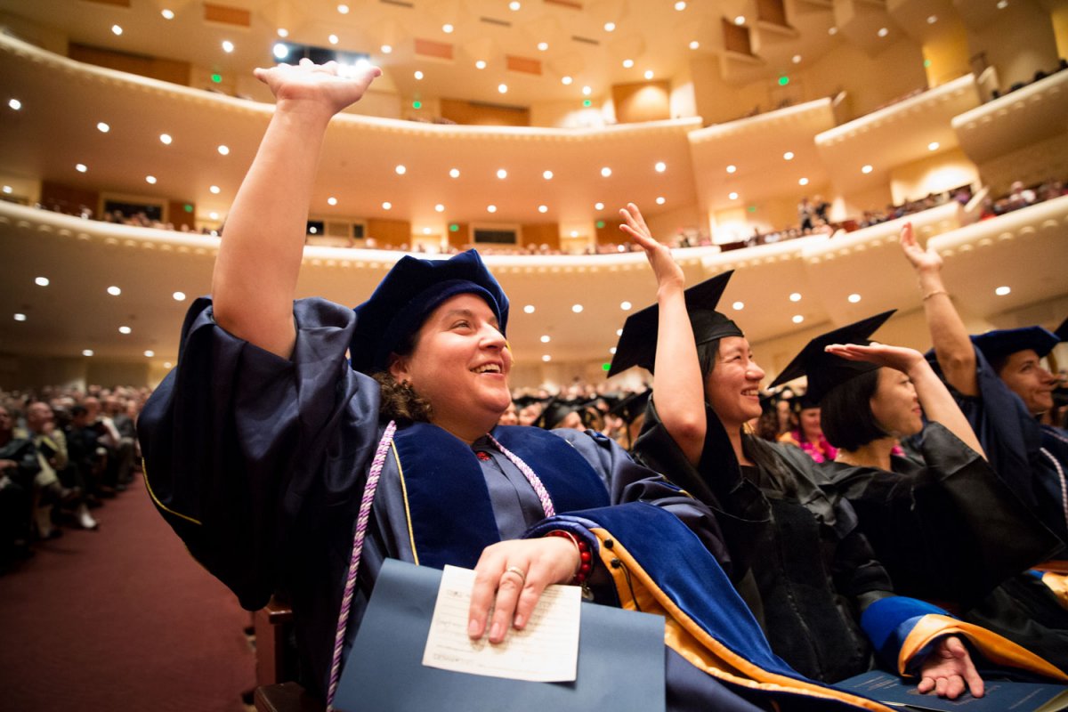 School of Nursing graduate Alyssa O'Brien is among several who raise their hands when asked who gave birth while studying at UCSF.