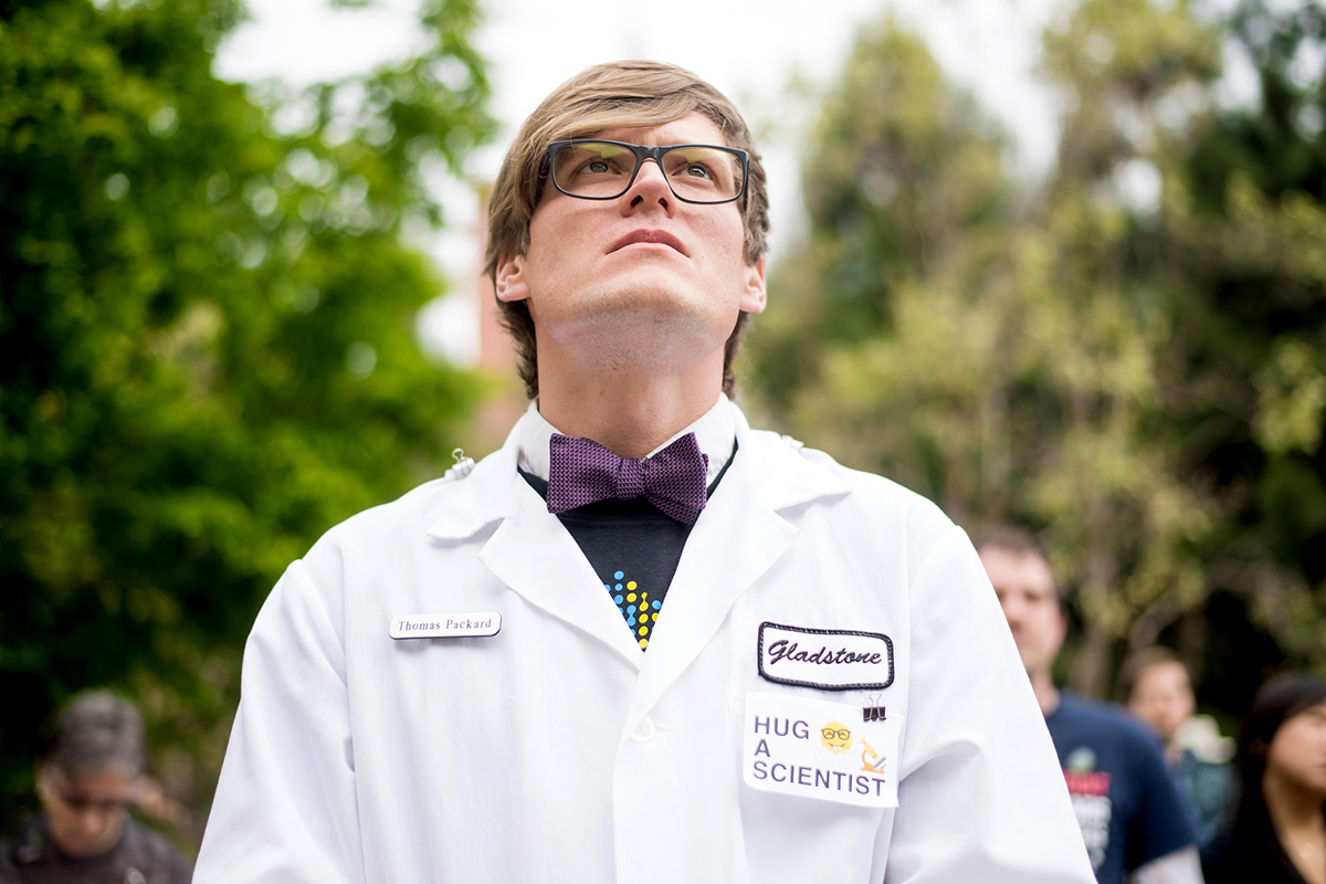 Thomas Packard, a postdoc at Gladstone Institutes, attends the Stand Up For Science Rally at UCSF’s Mission Bay campus.