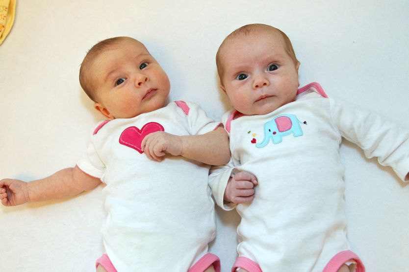 Dillon Taylor Degregorio, left, and her older sister by six minutes, Aza June Degregorio, at six weeks old.