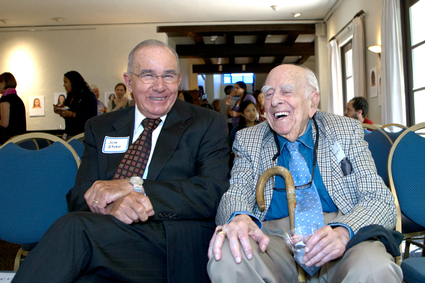 Jack Stobo, MD, left, senior vice president in Health Sciences and Services at the UC Office of the President, laughs with Ephraim Engleman, MD, clinical professor of medicine, at the June 20 celebration of Arthur Weiss’ award of Lifetime Achievement in Mentoring.