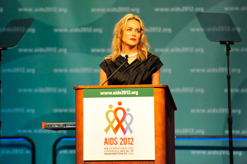 Actress Sharon Stone speaking at the XIX International AIDS Conference