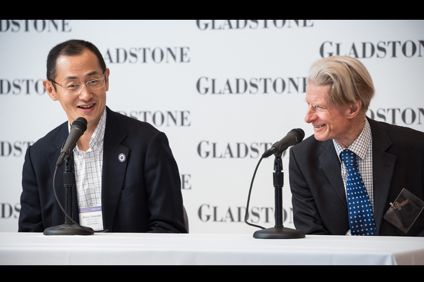 Shinya Yamanaka, MD, PhD, a senior investigator at the UCSF-affiliated Gladstone Institutes participates in an Oct. 24 press conference with John B. Gurdon of the Gurdon Institute in Cambridge, England.