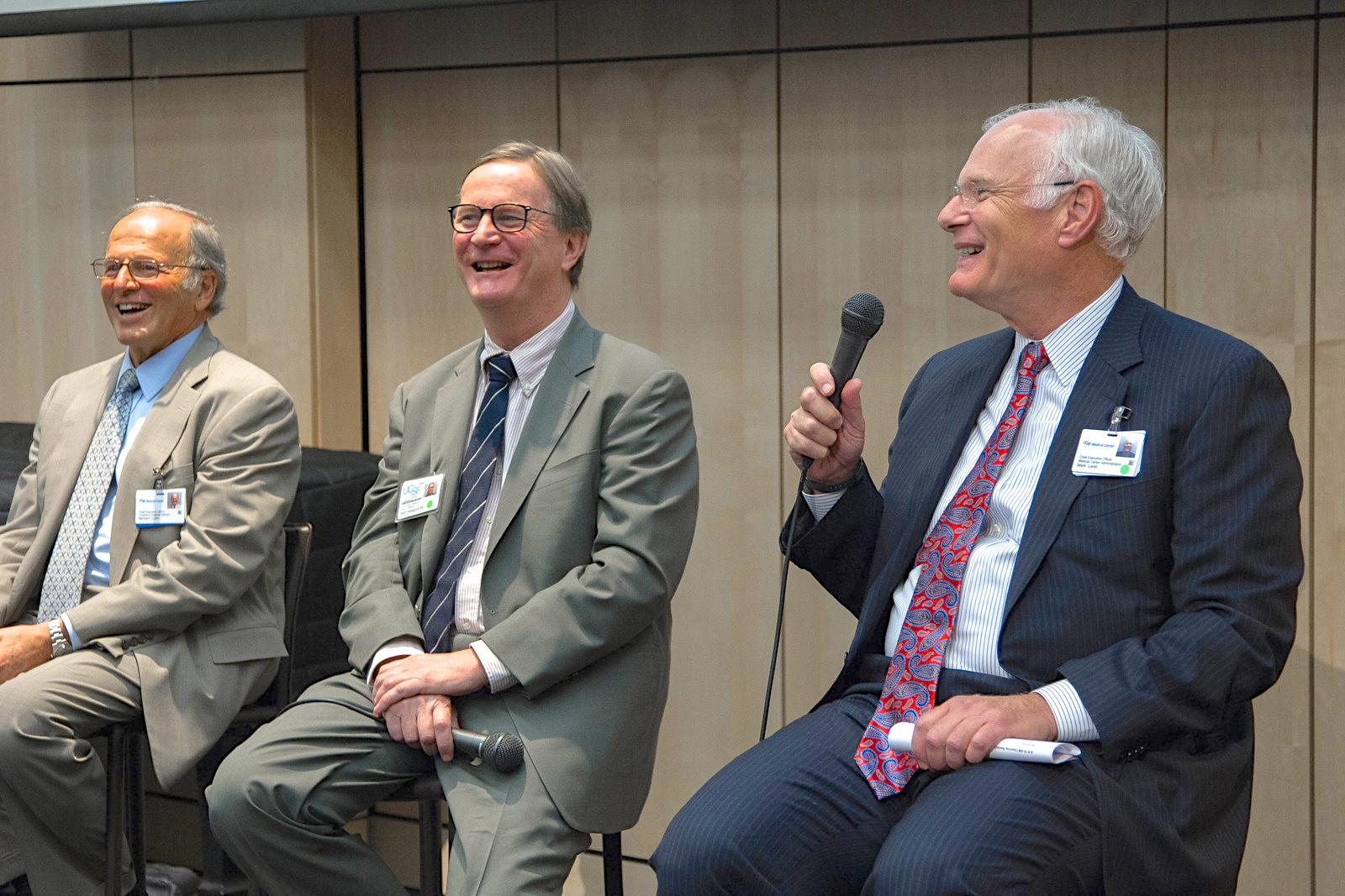 From left: Bert Lubin, MD, CEO of UCSF Benioff Children's Hospital Oakland; Sam Hawgood, MBBS, interim chancellor of UCSF; and Mark Laret, CEO of UCSF Benioff Children's Hospital San Francisco.