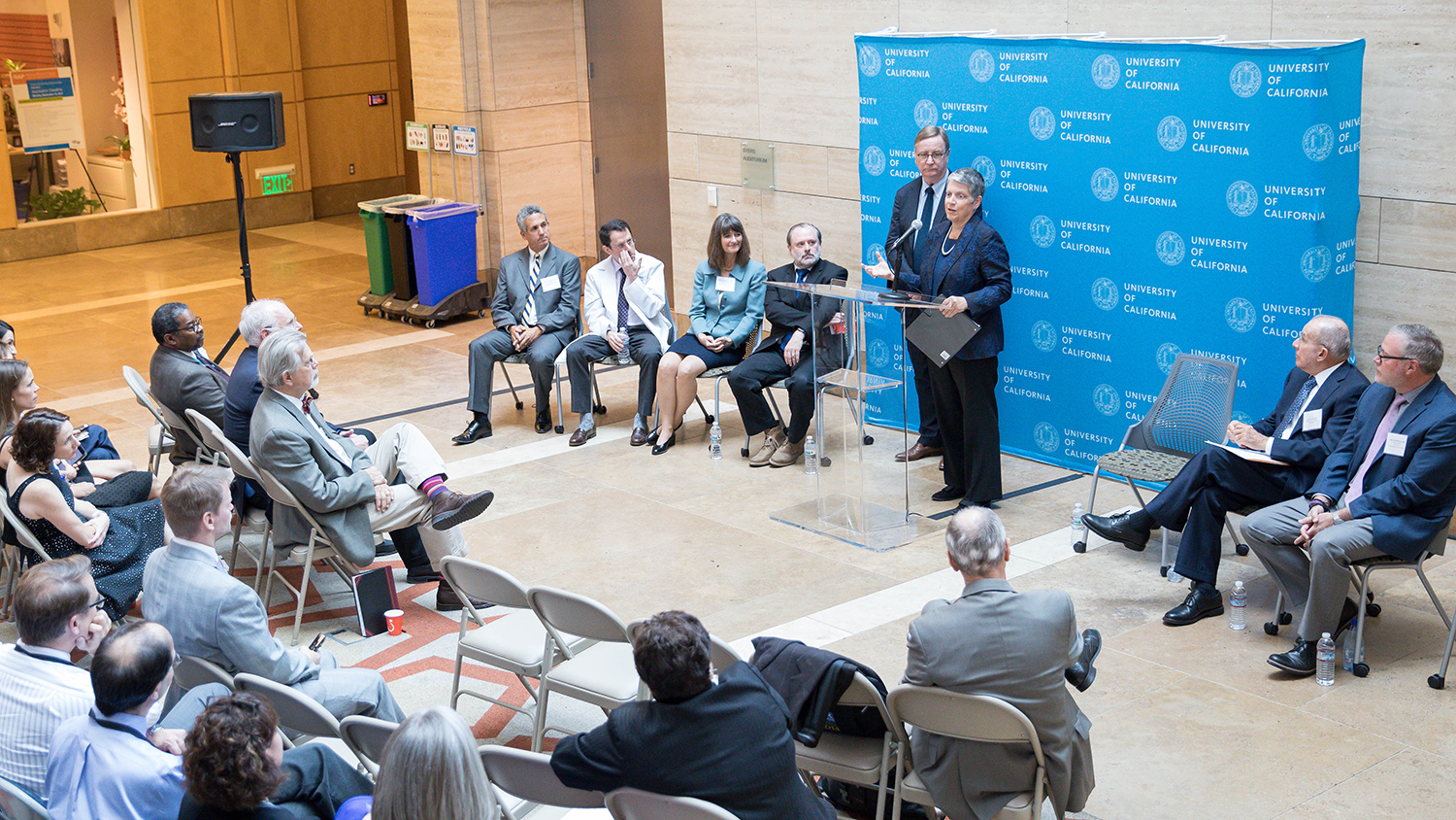 Janet Napolitano talks at a press conference at UCSF's Mission Bay