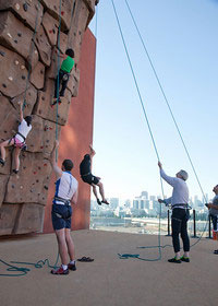 Rock climbers scale the wall at Bakar Fitness and Recreation Center.