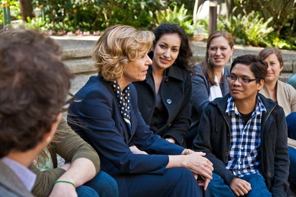 UCSF Chancellor Susan Desmond-Hellmann talks with students.