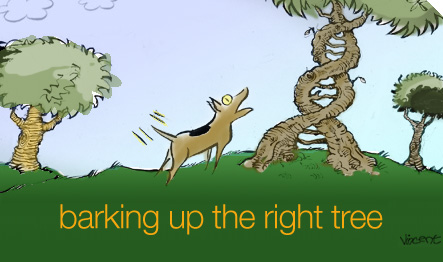 cartoon of dog barking at DNA tree