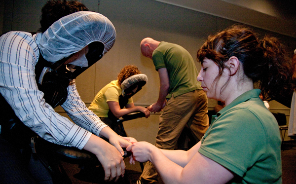 UCSF employees get free massages at a wellness event.