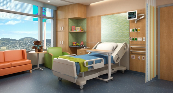 A hospital room in the future UCSF Benioff Children's Hospital at Mission Bay.