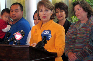 Senator Jackie Speier addresses attendees at a news conference