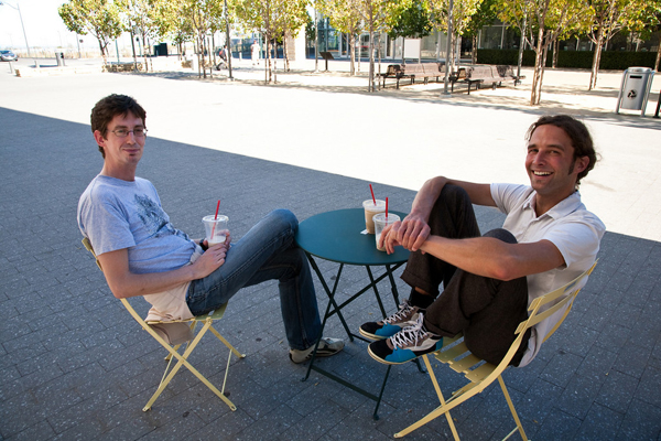 Martin Mueller and Peter Soba take a break from the lab and enjoy the warm weath