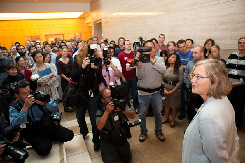 Elizabeth Blackburn, PhD, speaks to colleagues and the media