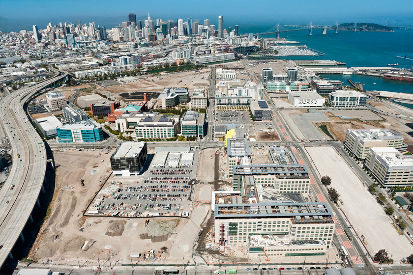 Aerial shot of the Mission Bay area shows construction continuing on the new UCSF Medical Center