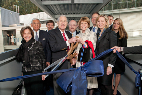 Opening the new the Ray and Dagmar Dolby Regeneration Medicine Building on Feb. 9, 2011, are from left, Edythe and Eli Broad, Arnold Kriegstein, Ray Dolby, UC President Mark Yudof, Dagmar Dolby, Robert Klein, UCSF Chancellor Susan Desmond-Hellmann and Dave and Natasha Dolby. 