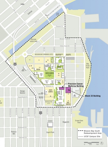 Map showing location of the planned Precision Cancer Building and Block 33 Building on the Mission Bay campus