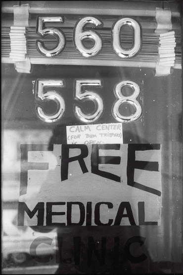 Haight Ashbury Free Clinic’s door in 1967, reading "Free Medical Clinic"