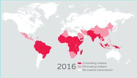 map showing current state of malaria eradication in 2016