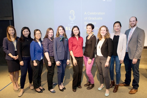 The contestants in the 2018 Grad Slam competition (from left): Claire Tang, Yiqi Cao, Inez Raharjo, Katie Cabral, Meredith Van Natta, Jennifer Hu, Tess Veuthey, Ashley Libby, Frances Cho, and Steven Moss.
