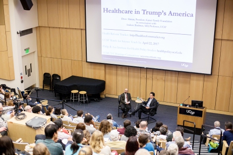 A crowd in UCSF’s Cole Hall listens to Drew Altman and Andrew Bindman talk in UCSF’s Cole Hall during a presentation about health policies under the new administration