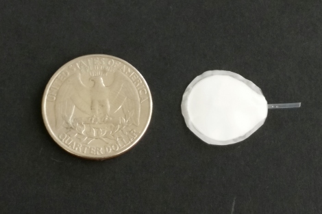 The cell encapsulation device is shown to be slightly smaller than a quarter that it is sitting next to