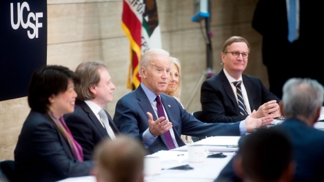 Joe Biden speaks at a panel at UCSF during his visit in February