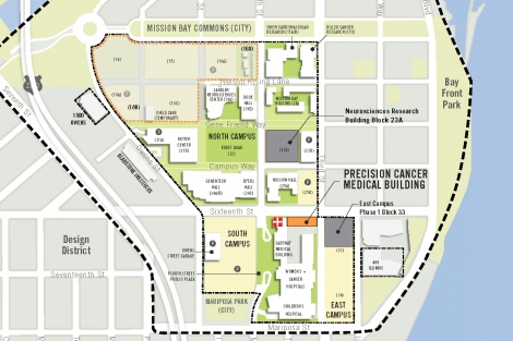 map of Mission Bay with the Precision Cancer Medicine Building location