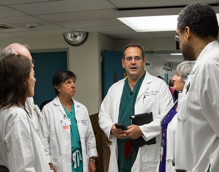 From left: Peggy Knudson, interim chief of surgery; Chris Barton, chief of emergency medicine; Patti O'Connor, trauma program manager and nursing supervisor; Geoff Manley, chief of neurosurgery; Sue Carlisle, vice dean of UCSF School of Medicine at SFGH; and trauma surgeon Andre Campbell.