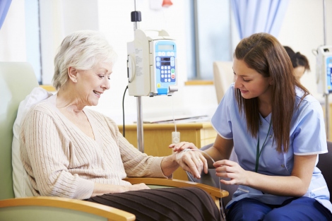 stock image of senior woman getting chemotherapy